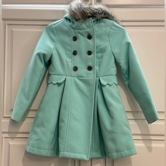 Cat & Jack Girls Heavy Pea Coat Removable Fur Trim Mint Green Size 7/8 - Picture 4 of 11